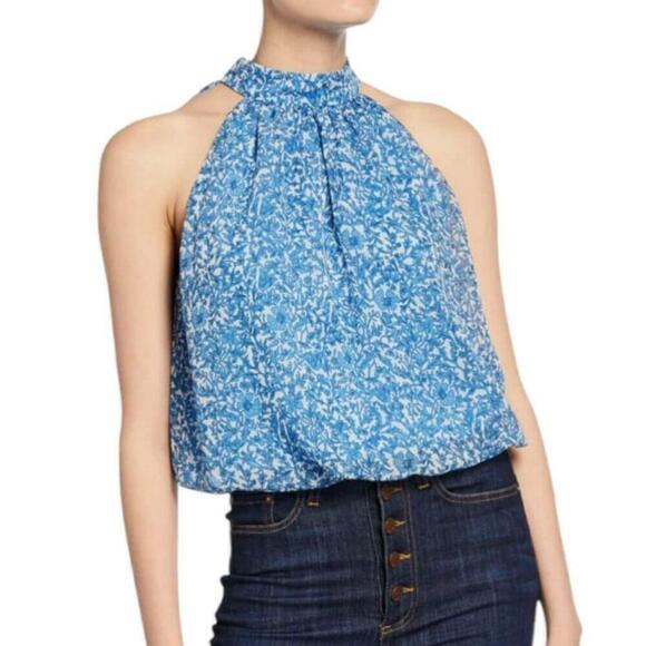 Alice + Olivia Maris Floral Print Lined Tie Halter Neck Blouse Blue White Medium - Picture 1 of 9
